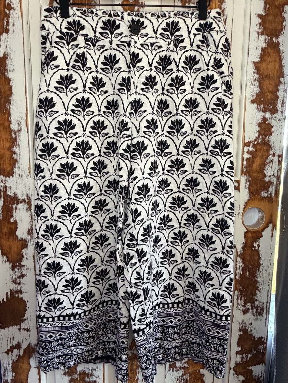 Cato Linen Blend Pants Black White Abstract Floral Size Small Flowy Coastal